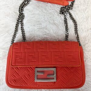 FENDI Technical Fabric FF Midi Chain Baguette in Orange